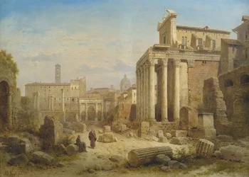 Vista del Foro Romano con el Arco de Septimio Severo y el Templo de Faustina y Antonino Pío